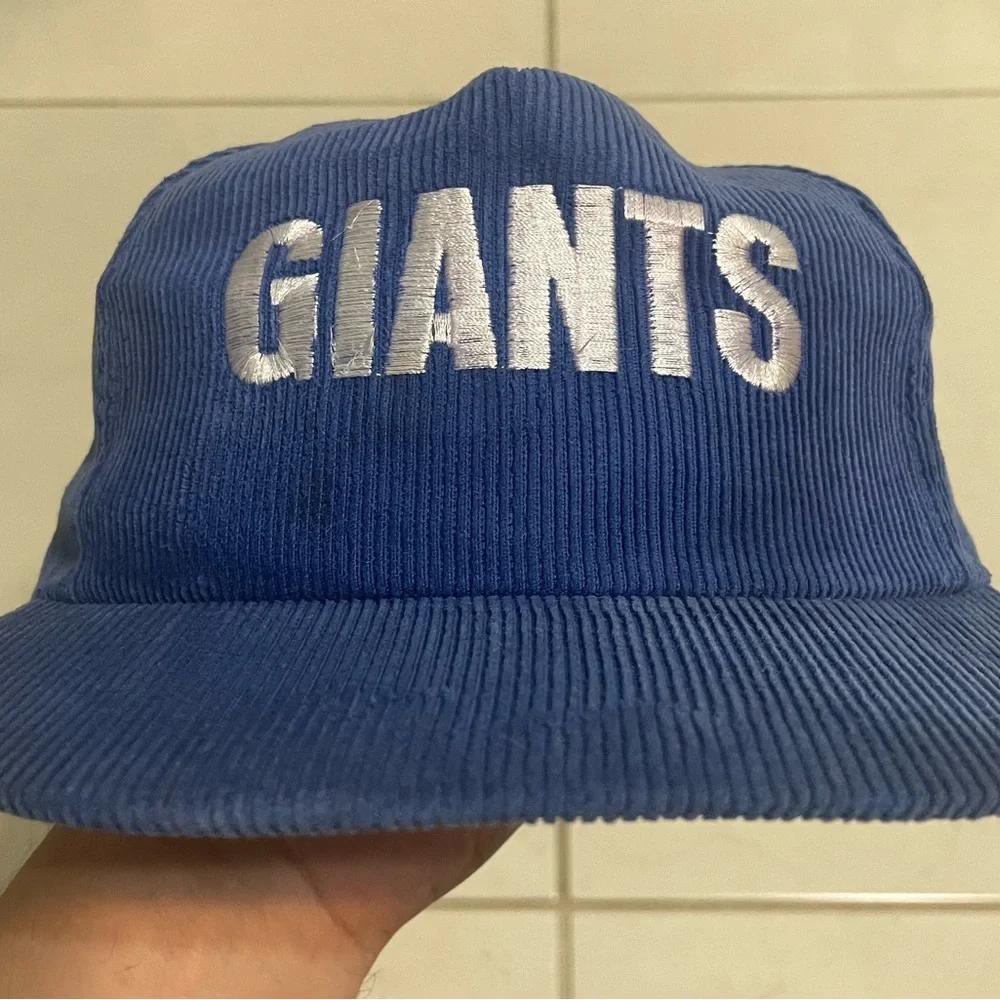 Vtg New York Giants Blue Courdoroy Spellout Script SnapBack Hat Cap